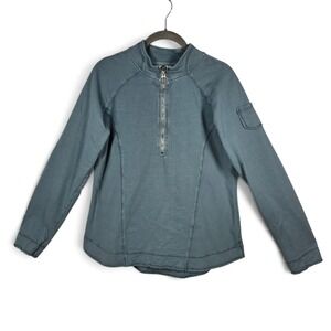 Calispia Pullover Womens Large Blue 1/4 Zip Cotton Slub Ribbed Pocket EUC USA
